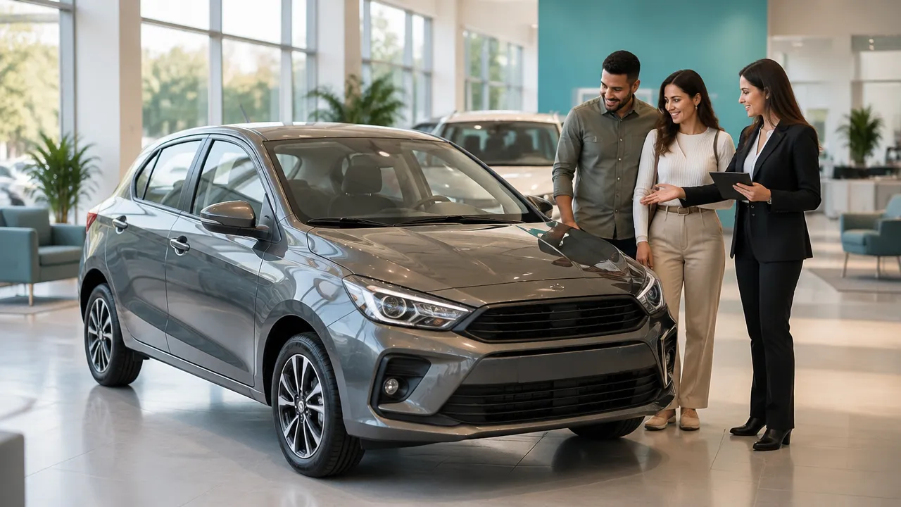 Cliente conversa com uma consultora ao avaliar um carro automático em uma concessionária