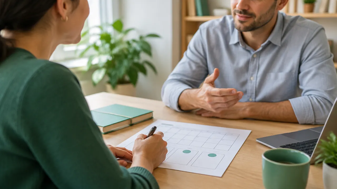 Cliente e coach organizam próximos passos e metas em uma sessão de desenvolvimento pessoal.