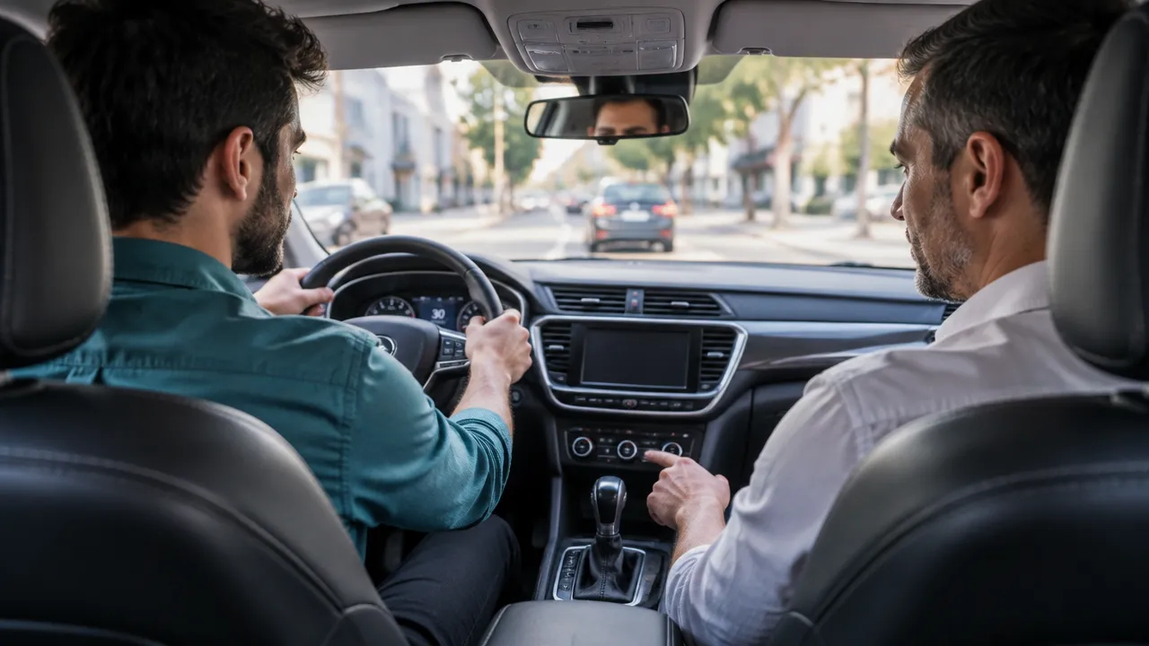 Cliente e consultor avaliam juntos um carro automático seminovo durante um test-drive