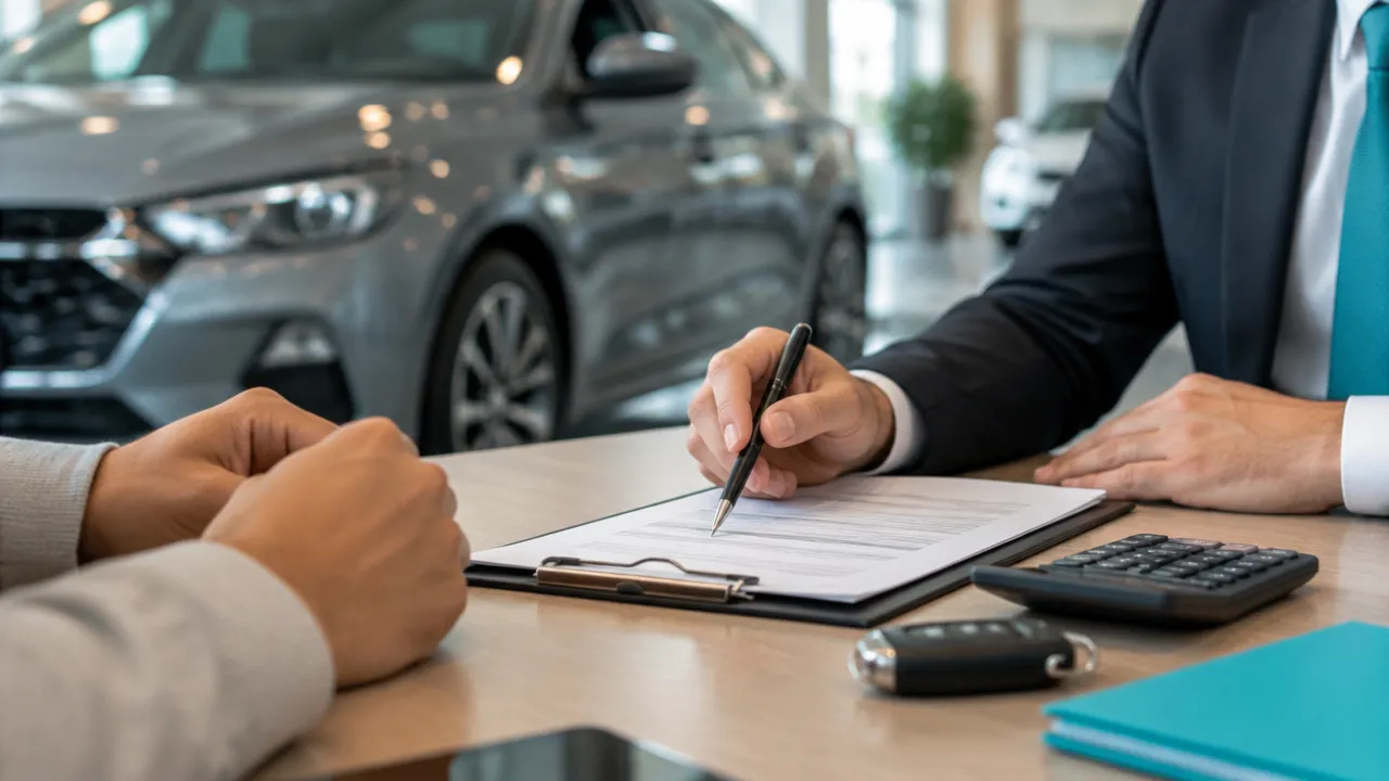 Cliente e consultor comparam condições de leasing e financiamento usando uma proposta e uma calculadora