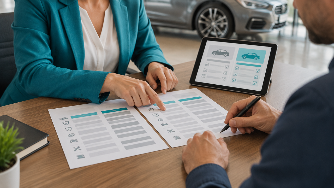 Cliente e consultora comparam propostas de seguro e coberturas sobre uma mesa na concessionária