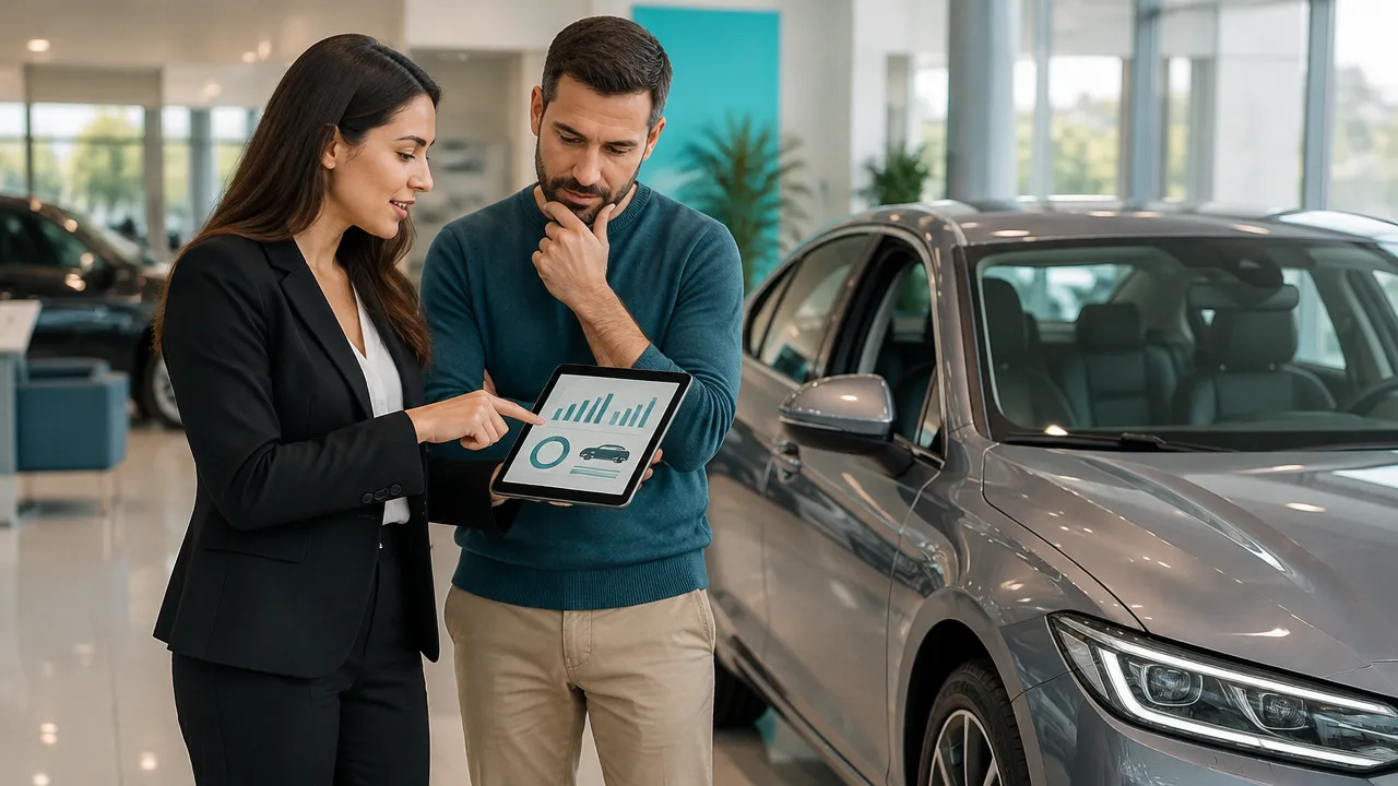 Cliente e consultora comparando dados de um sedã em showroom, com foco em consumo e necessidades de uso.