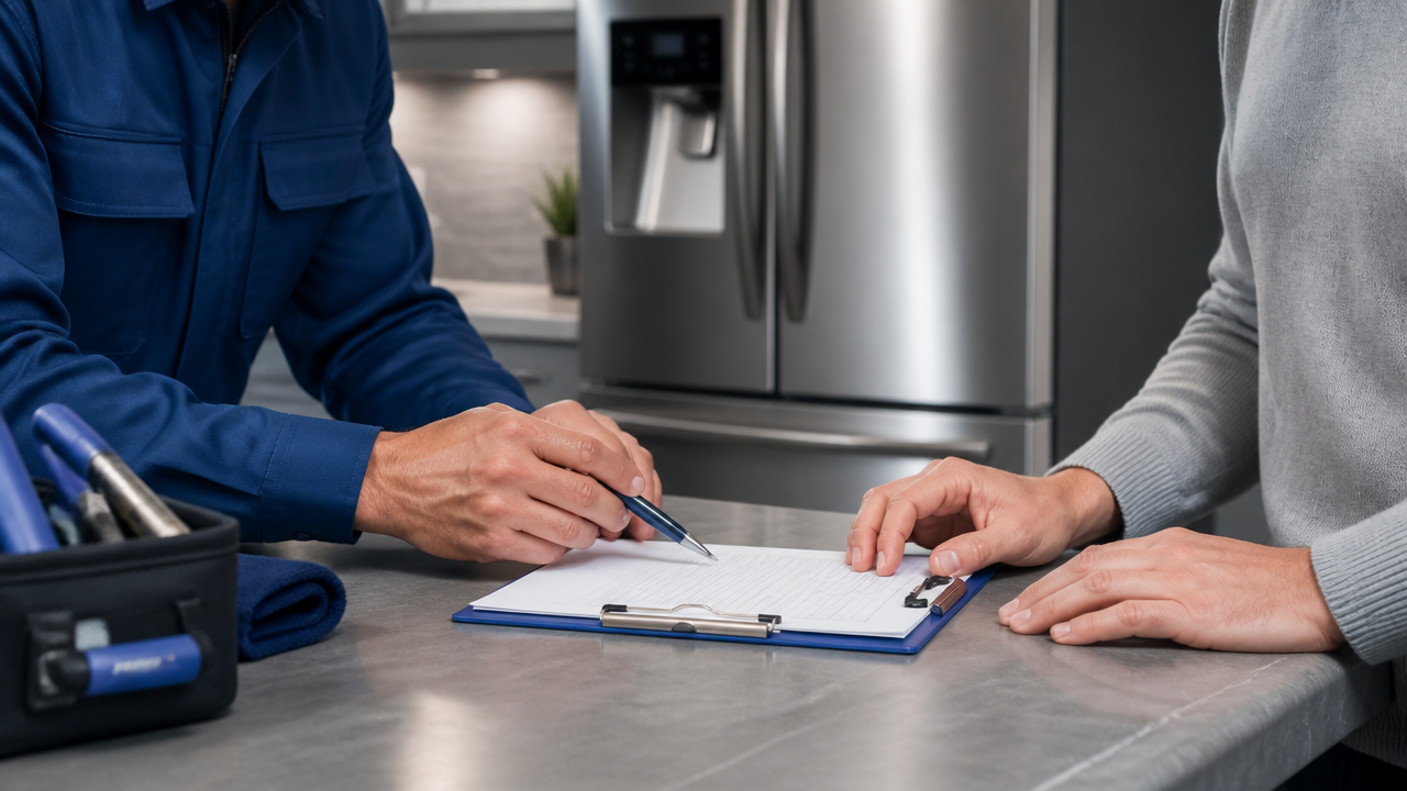 Cliente e técnico conferindo ordem de serviço e dados do eletrodoméstico antes do atendimento.