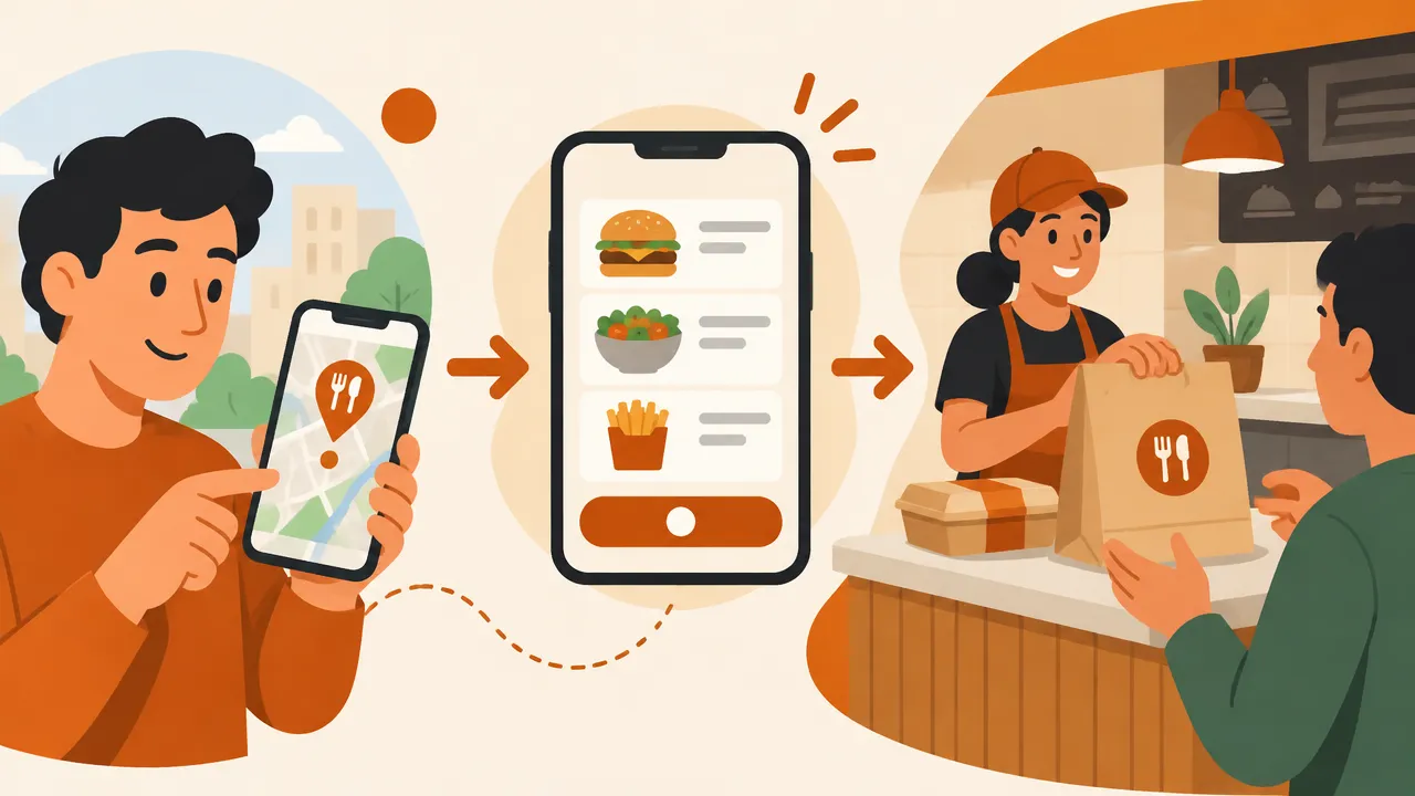 Cliente encontra um restaurante no mapa e conclui um pedido direto pelo celular