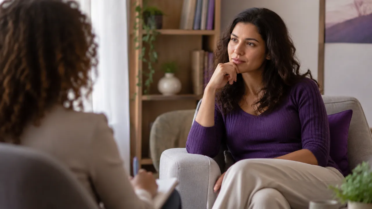 Cliente faz uma pausa reflexiva durante uma conversa de coaching em ambiente acolhedor