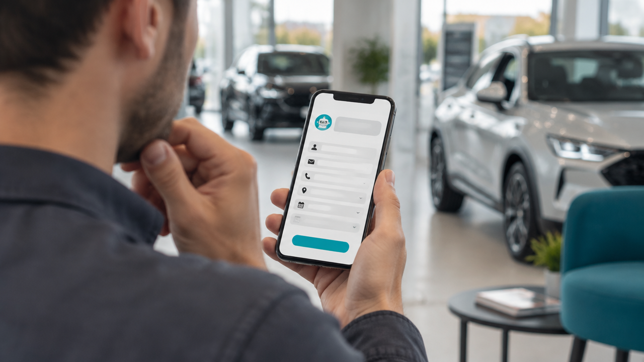 Cliente hesita diante de um formulário longo em um chatbot durante uma visita à concessionária