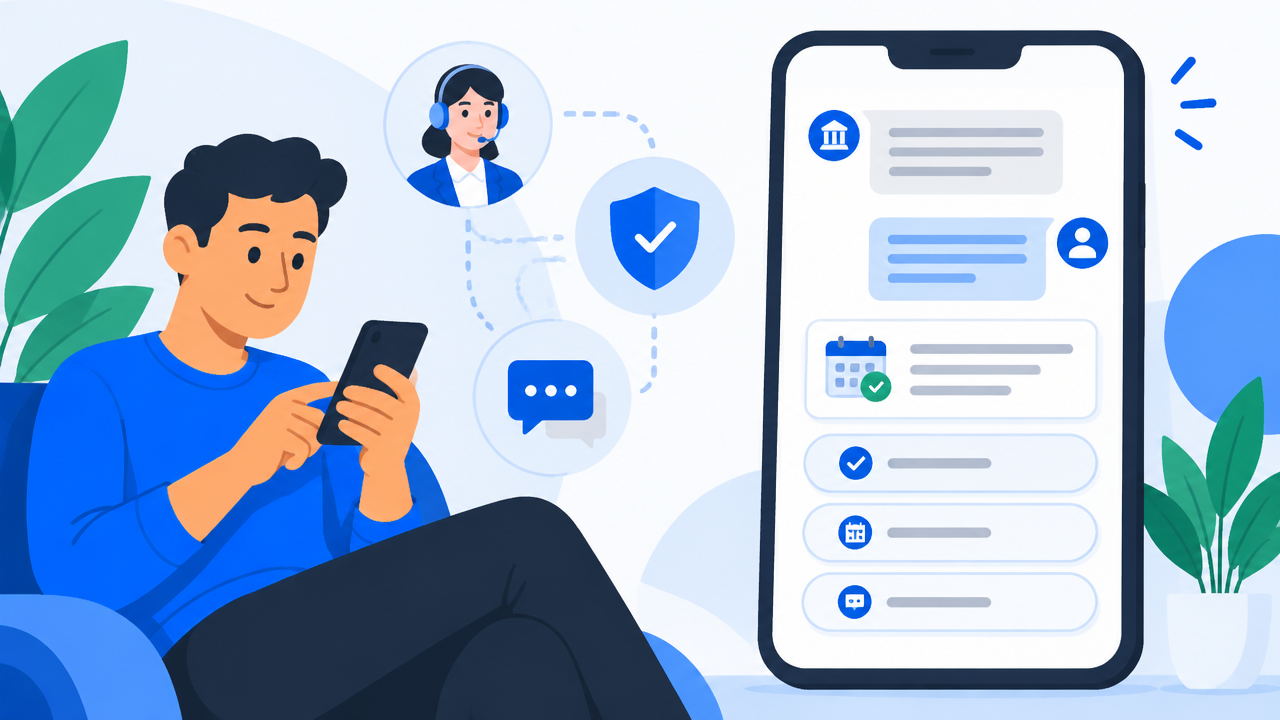Cliente interagindo pelo celular com uma mensagem empresarial visual e opções de resposta para tratar uma cobrança.