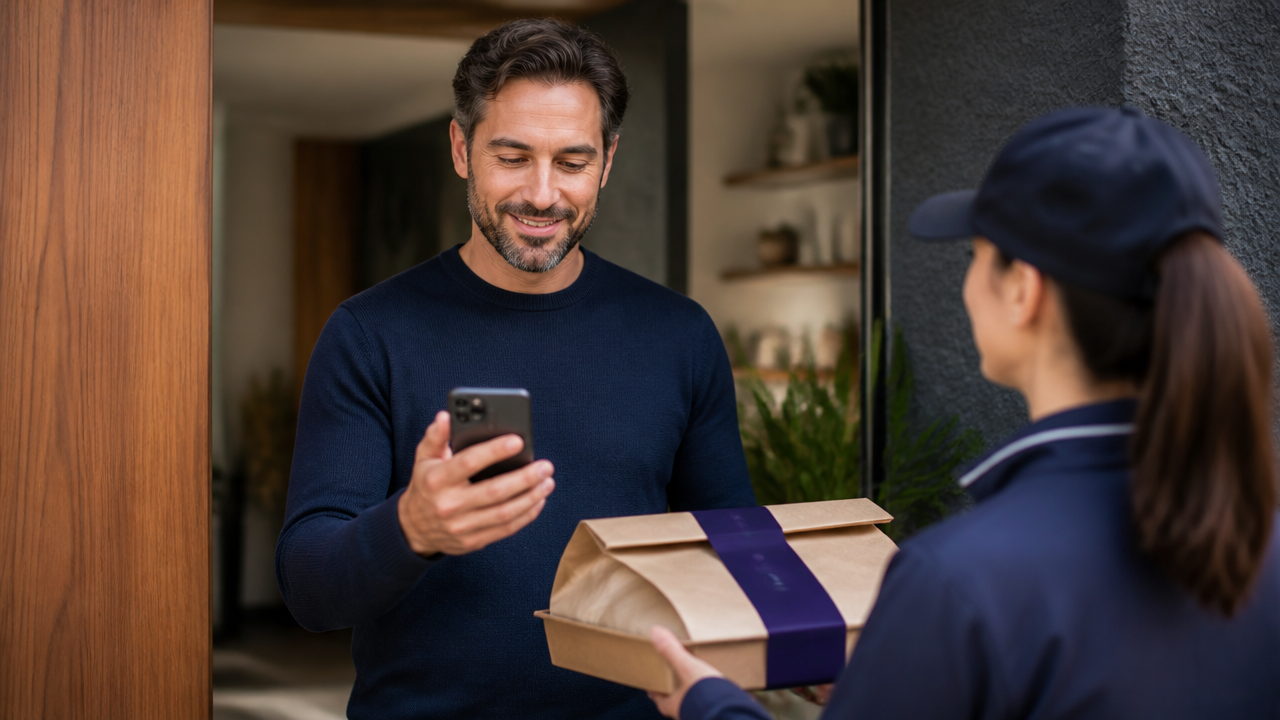 Cliente recebendo delivery e consultando uma oferta no celular