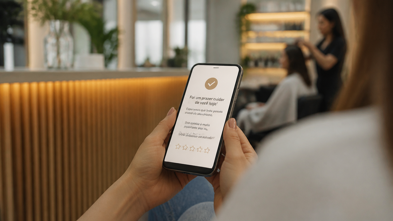 Cliente recebendo mensagem pós-atendimento para avaliar o salão