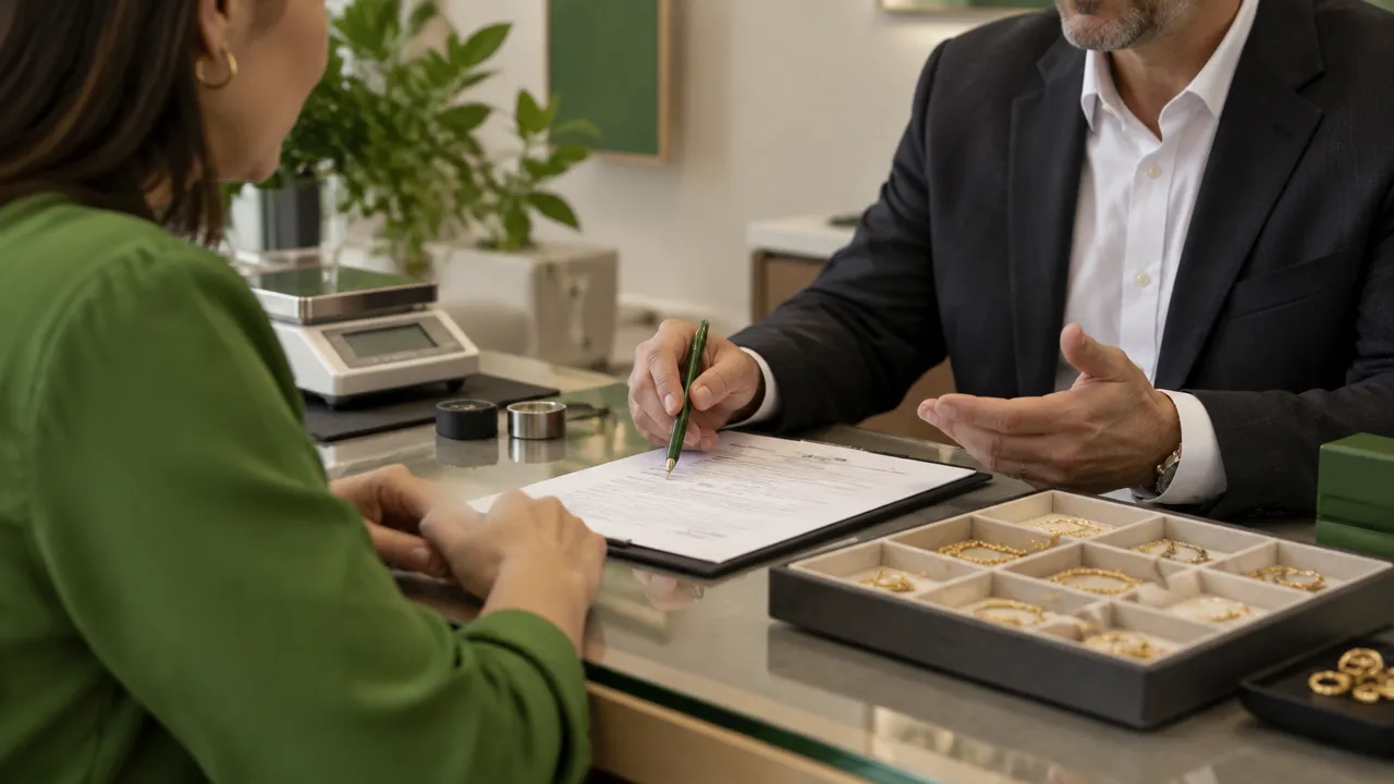 Cliente revisa os termos de uma proposta de compra de joias com uma avaliadora