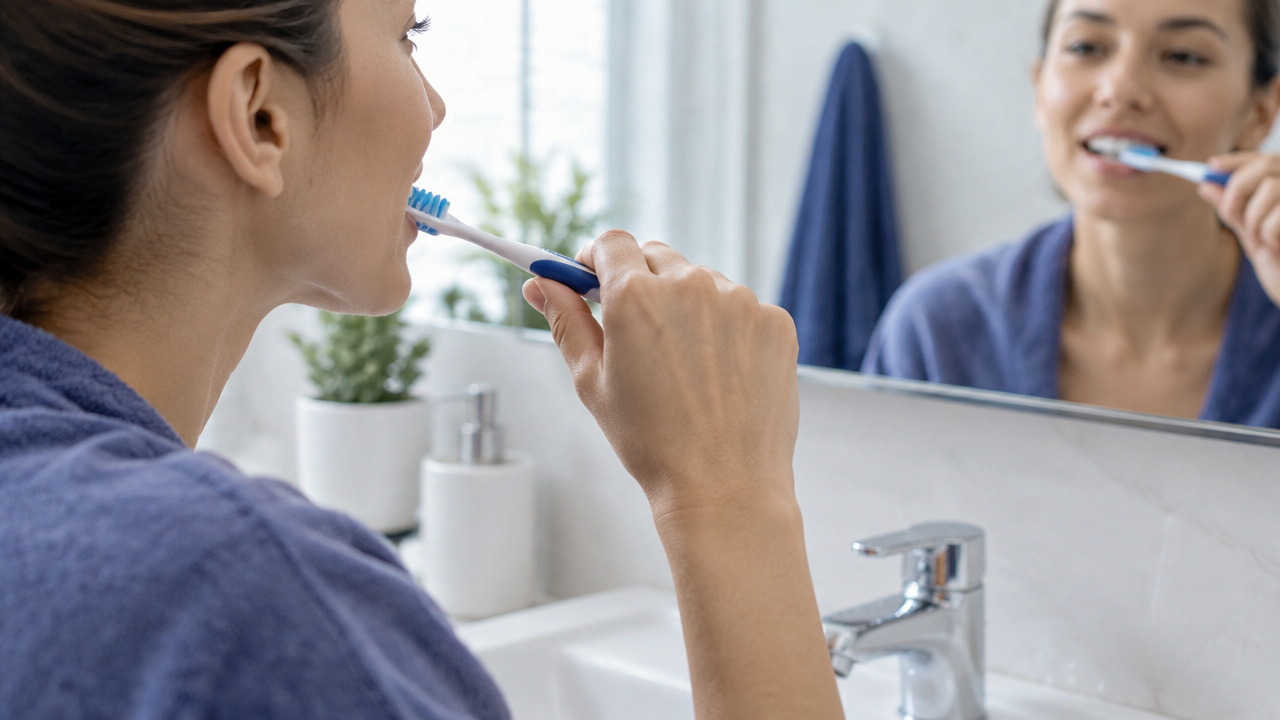 Close das mãos escovando os dentes suavemente com atenção ao movimento
