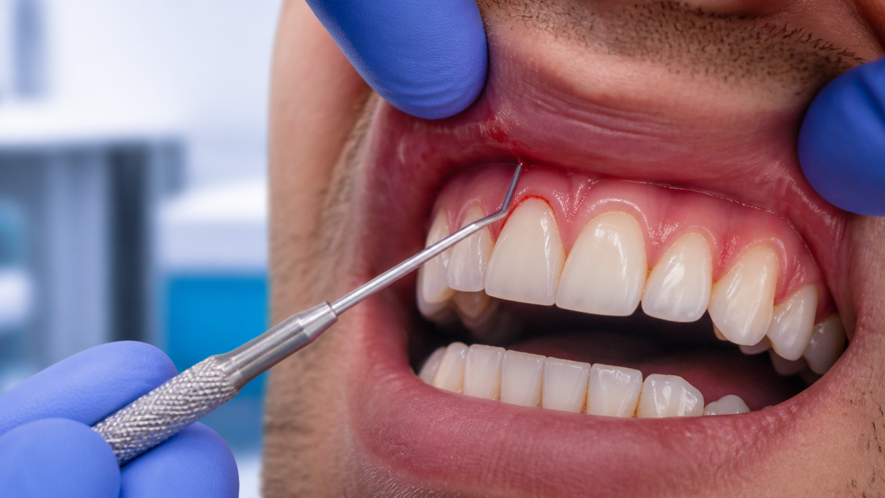 Close de avaliação periodontal mostrando gengiva inflamada durante exame odontológico