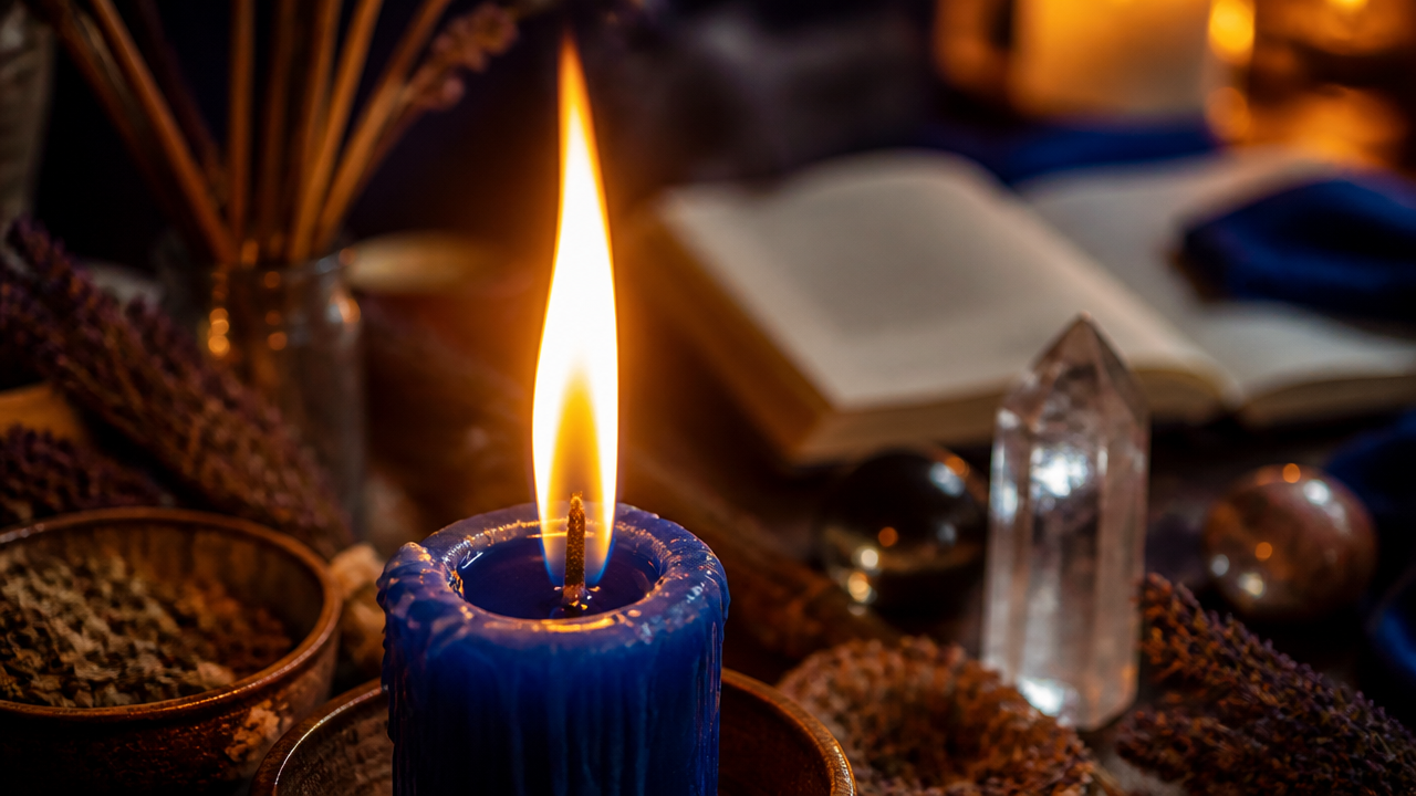 Close de chama de vela alta e luminosa em ritual, destacando detalhes usados na interpretação espiritual