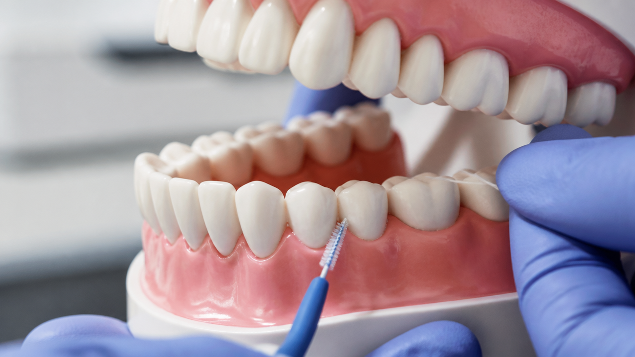 Close-up de higiene bucal com fio dental e escova interdental