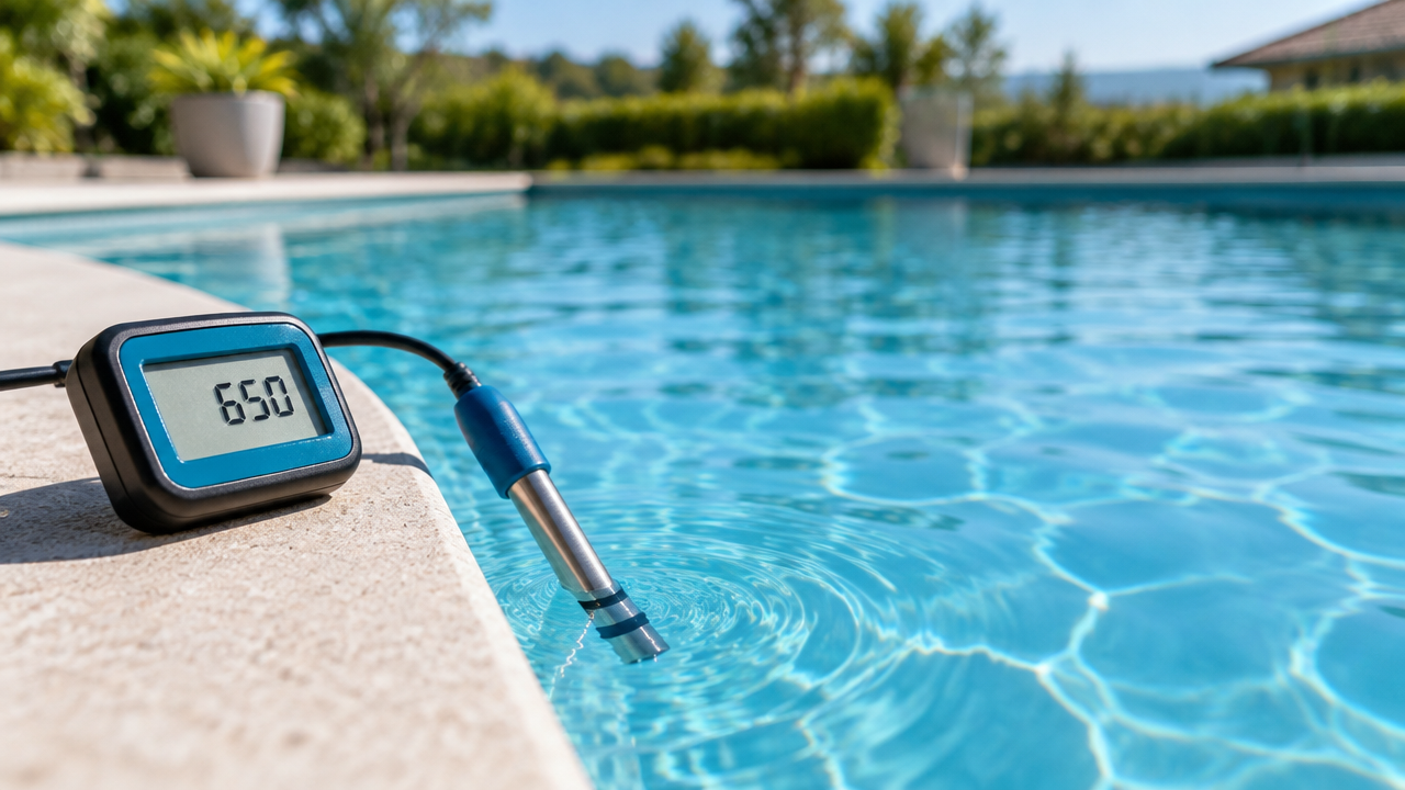 Close-up of an unbranded ORP meter and probe measuring clear residential pool water