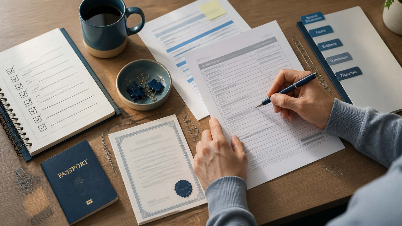 Close-up of organized immigration paperwork, checklist, and supporting documents on a desk