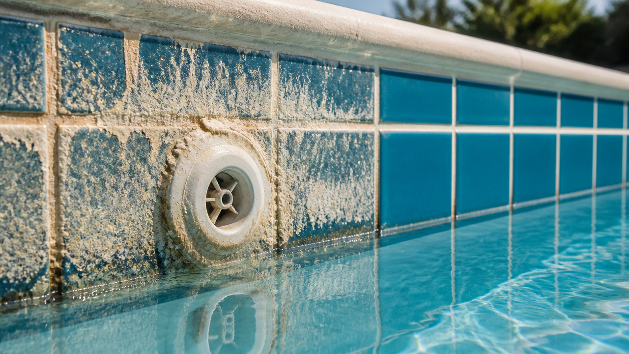 Close-up of white calcium scale buildup on pool waterline tiles