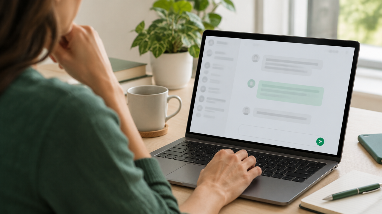 Close view of a professional pausing before replying to an online discussion, showing deliberate and respectful communication.