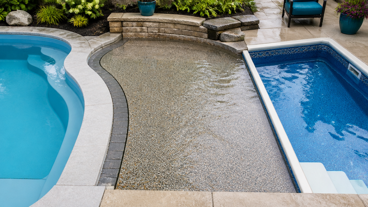 Close view of different in-ground pool construction finishes, including fibreglass, concrete and liner-style surfaces
