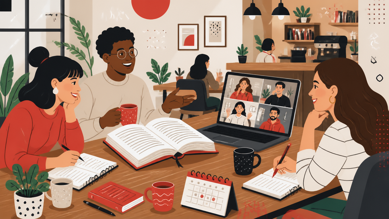 Clube de leitura com participantes presenciais e online debatendo um livro