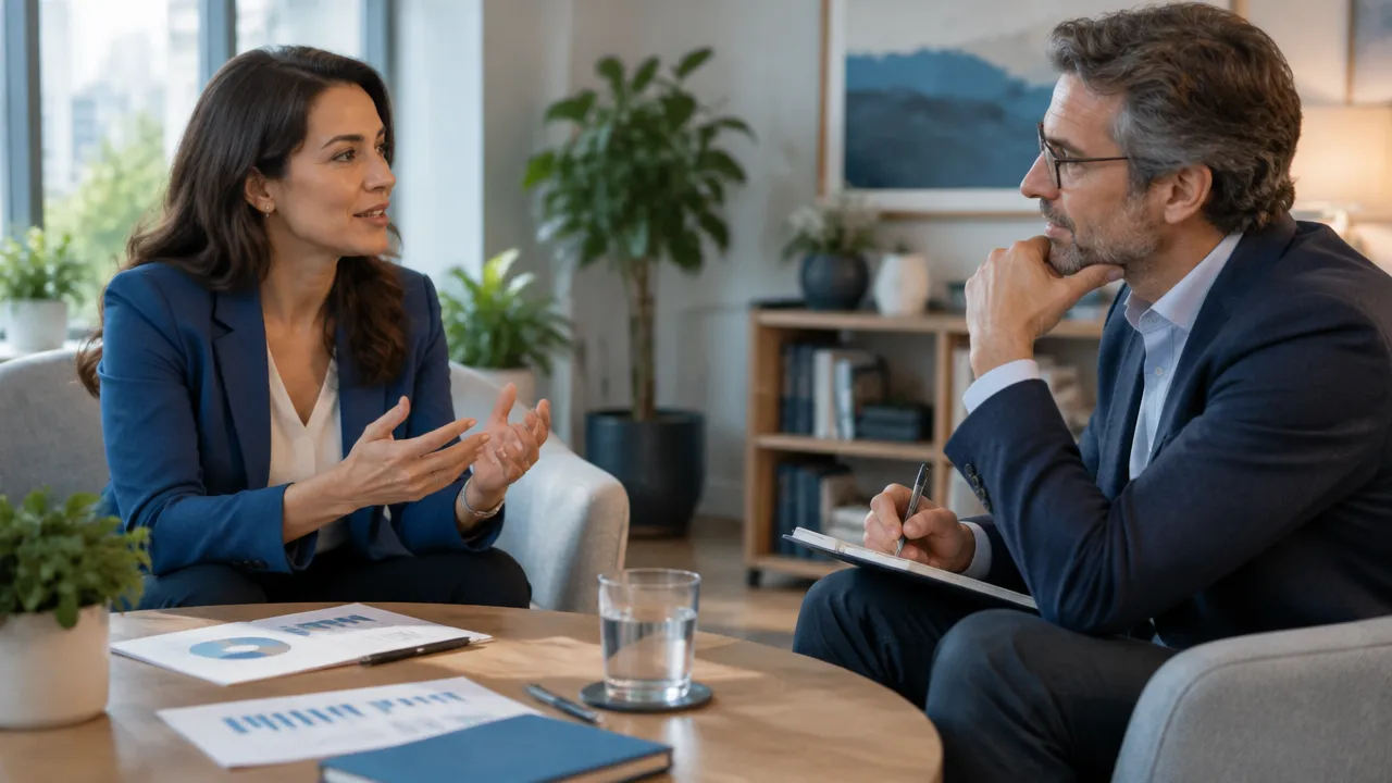 Coach executivo escutando uma líder durante uma conversa de reflexão e planejamento