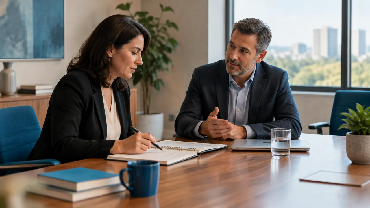 Coach y directiva revisan objetivos y prioridades durante una sesión de coaching ejecutivo.