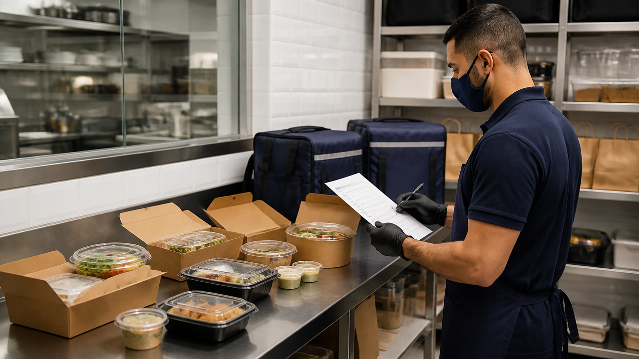 Colaborador conferindo itens e embalagens antes de liberar um pedido de delivery