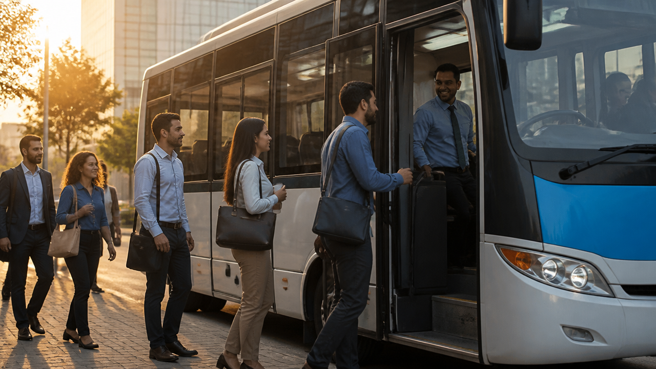 Colaboradores embarcando de forma organizada em veículo de transporte corporativo