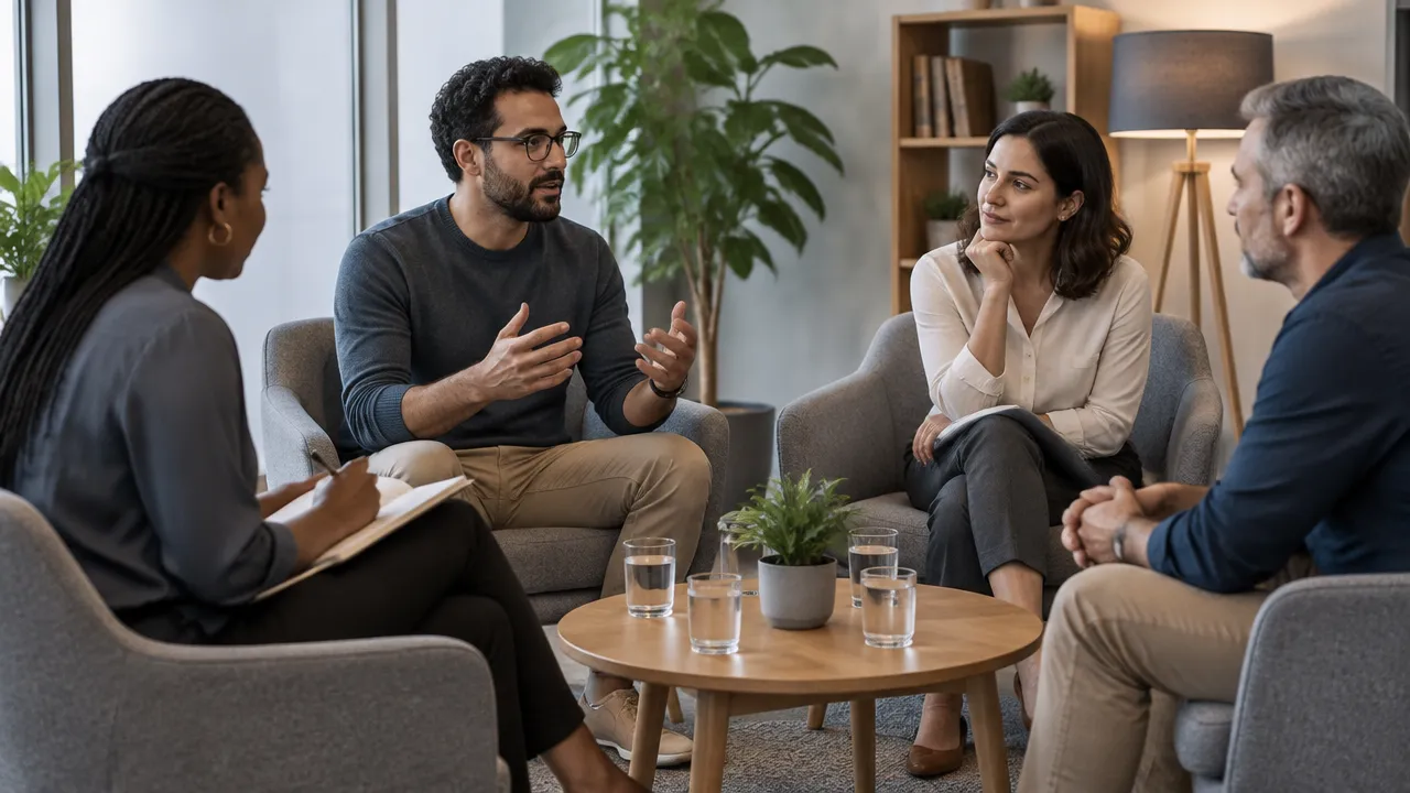 Colaboradores participam de uma conversa de escuta em equipe para identificar fatores de bem-estar no trabalho.