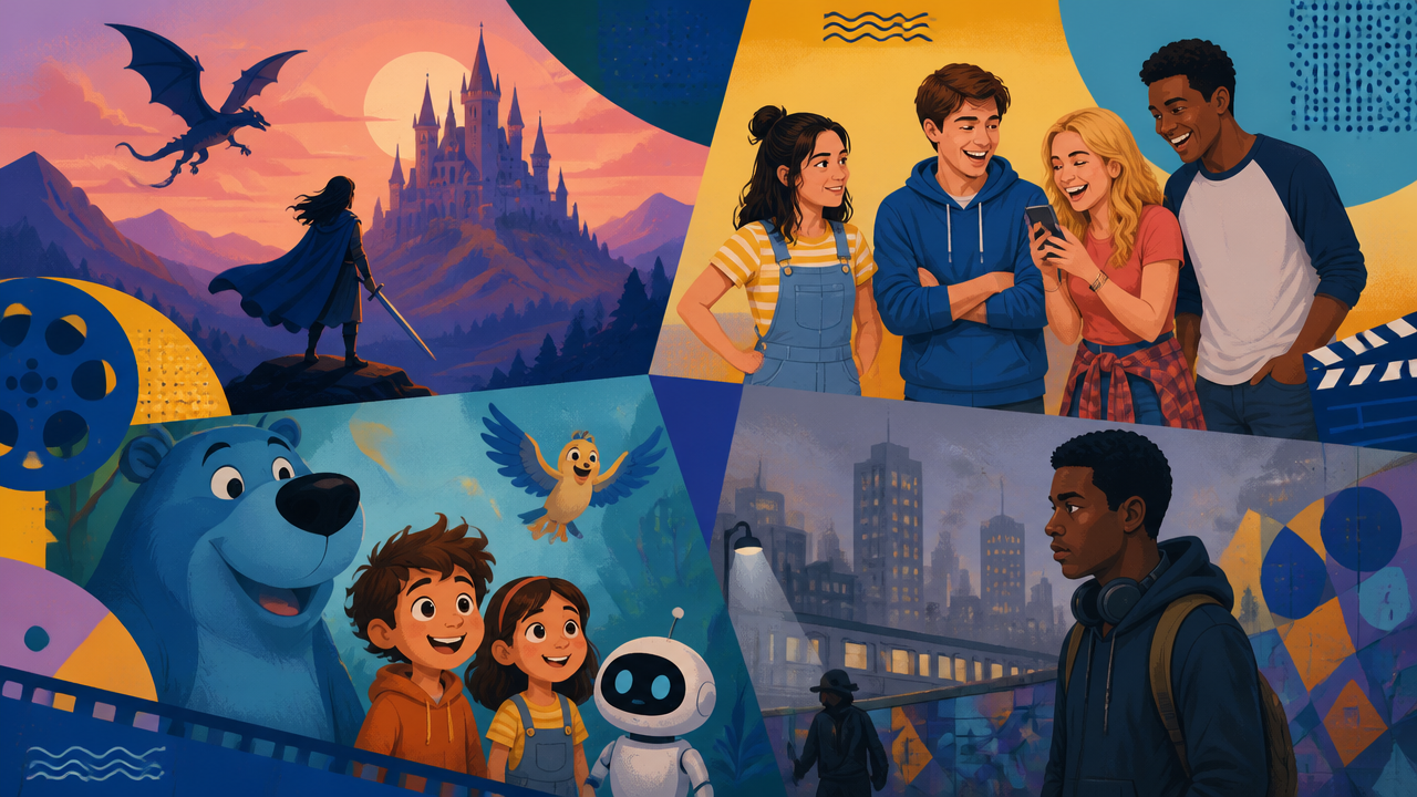 Colagem ilustrada com diferentes estilos de filmes dos anos 2000, como fantasia, comédia, animação e drama