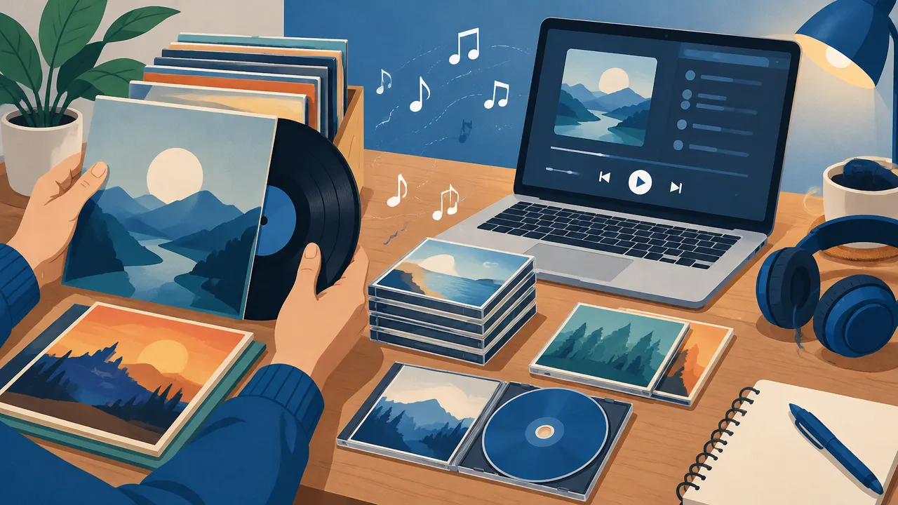 Discos e CDs ao lado de um laptop, representando opções para encontrar e comprar trilhas sonoras clássicas