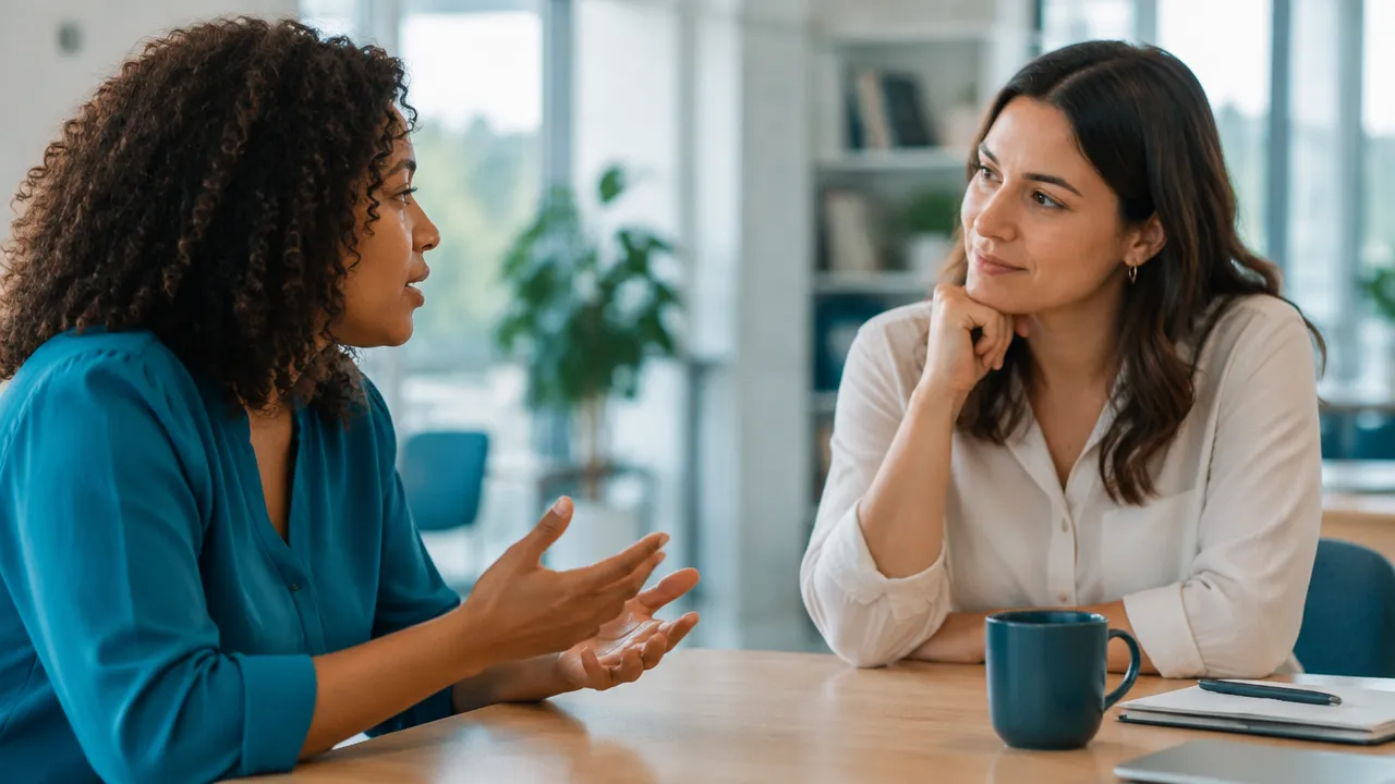 Colega escuta atentamente outra pessoa durante uma conversa de trabalho