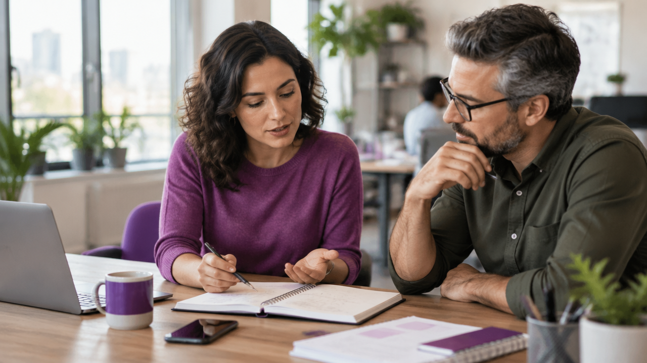 Colegas analisam metas profissionais e conversam de forma colaborativa sobre desenvolvimento.