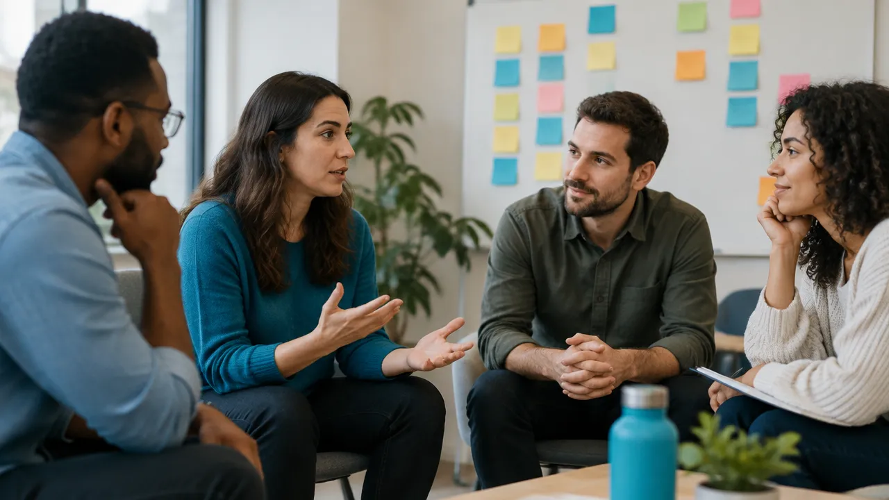 Colegas analisando uma dificuldade de trabalho em reunião aberta, com escuta e foco em aprender juntos