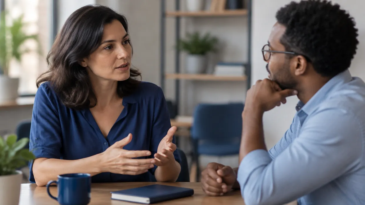Colegas conversam com respeito enquanto uma delas comunica um limite de forma serena