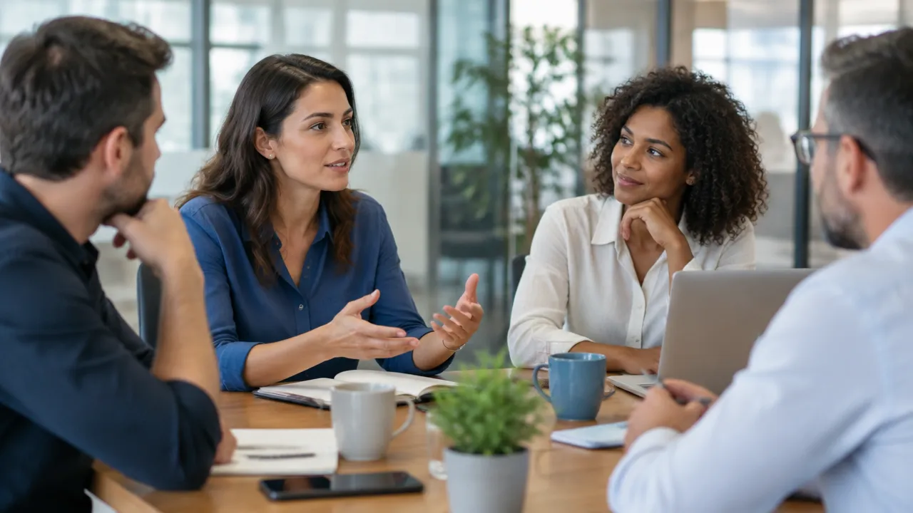 Colegas conversam em reunião enquanto a liderança observa participação e autonomia