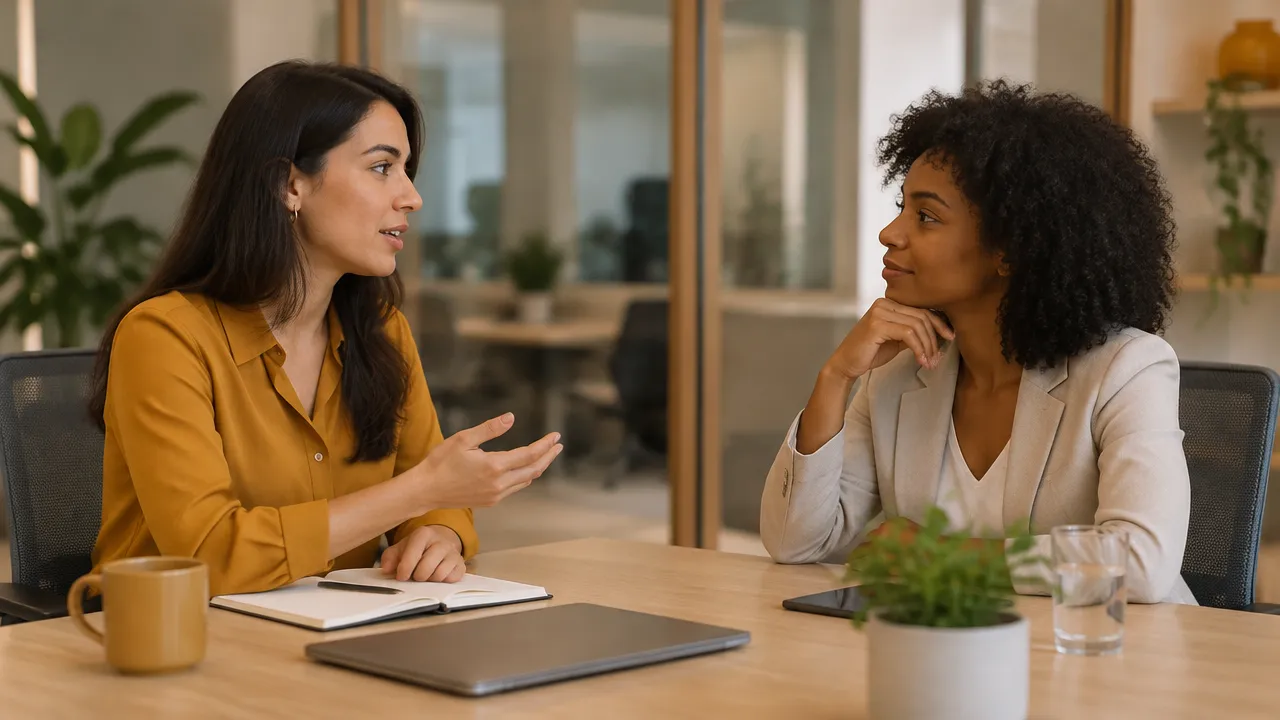 Colegas conversam frente a frente com serenidade, praticando uma comunicação direta e respeitosa.