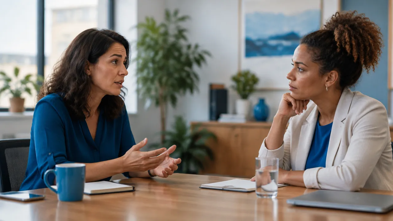 Colegas conversam frente a frente, uma escuta atentamente enquanto a outra expressa uma preocupação