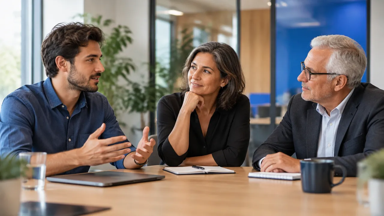 Colegas de diferentes idades conversam com atenção e respeito em uma reunião de trabalho