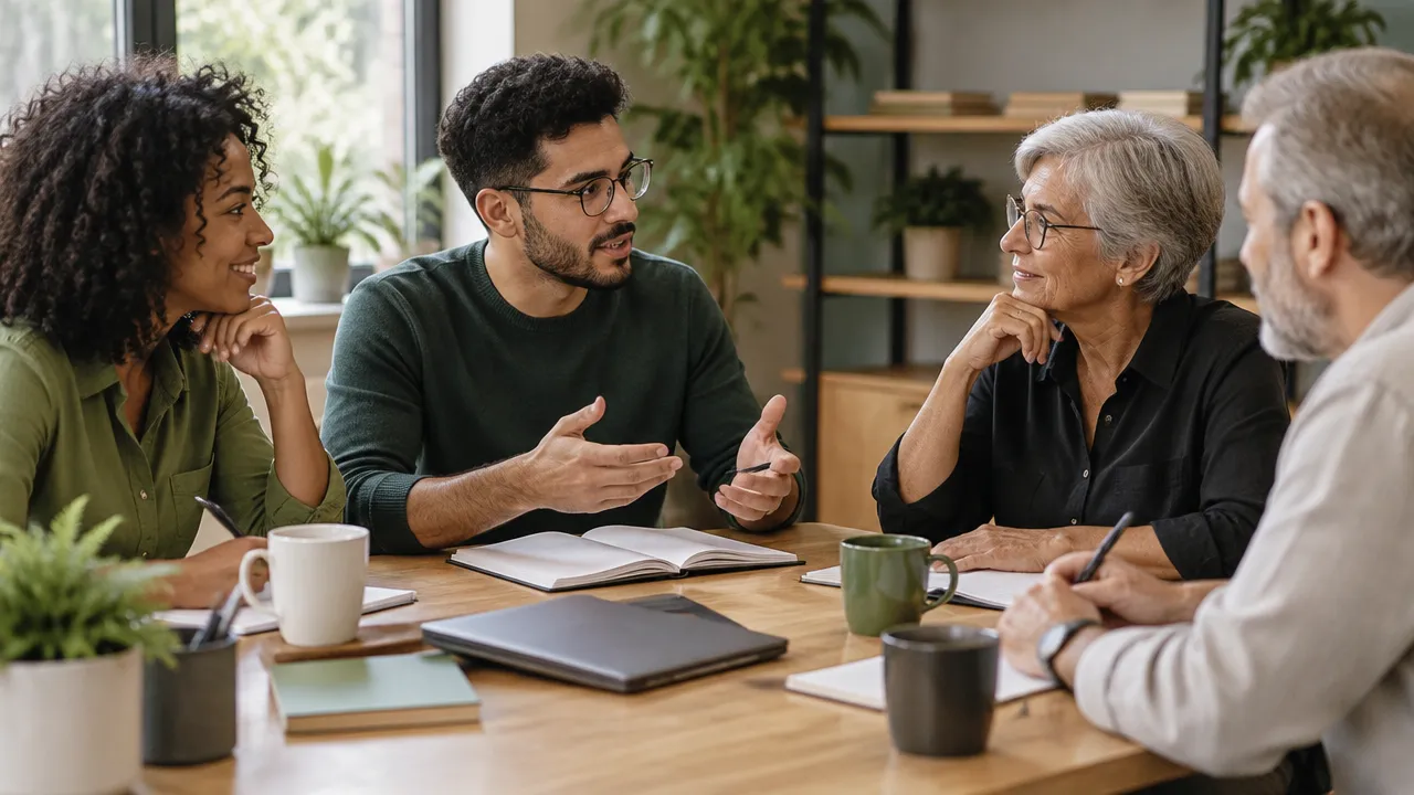 Colegas de diferentes idades praticam escuta ativa durante uma conversa colaborativa no trabalho