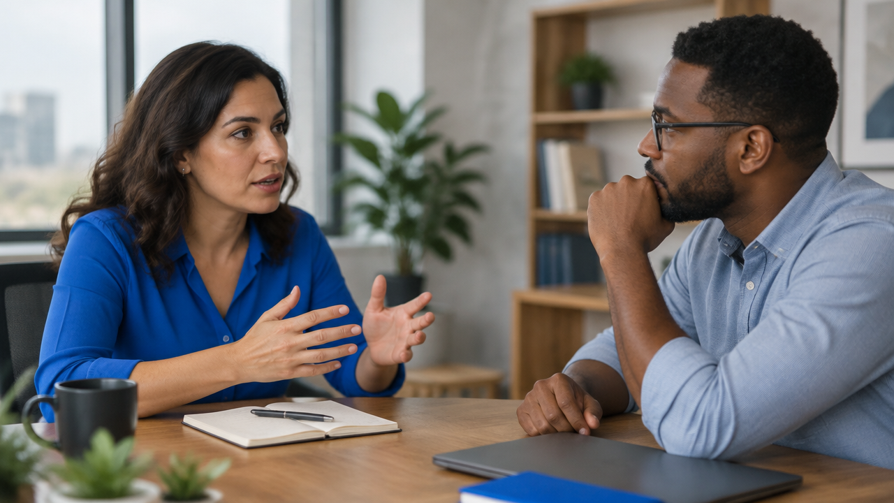 Colegas de trabalho conversam com calma para formular um pedido claro e respeitoso