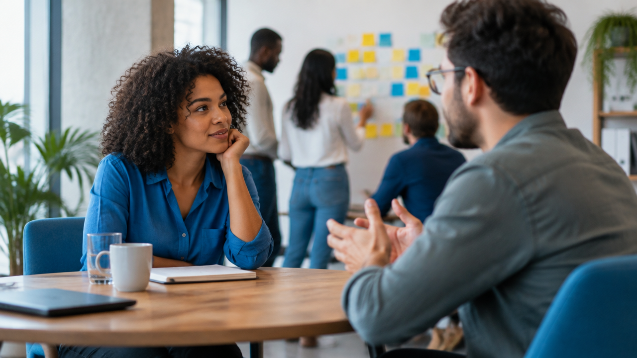 Colegas de uma startup praticam escuta e conversa construtiva após um momento de tensão