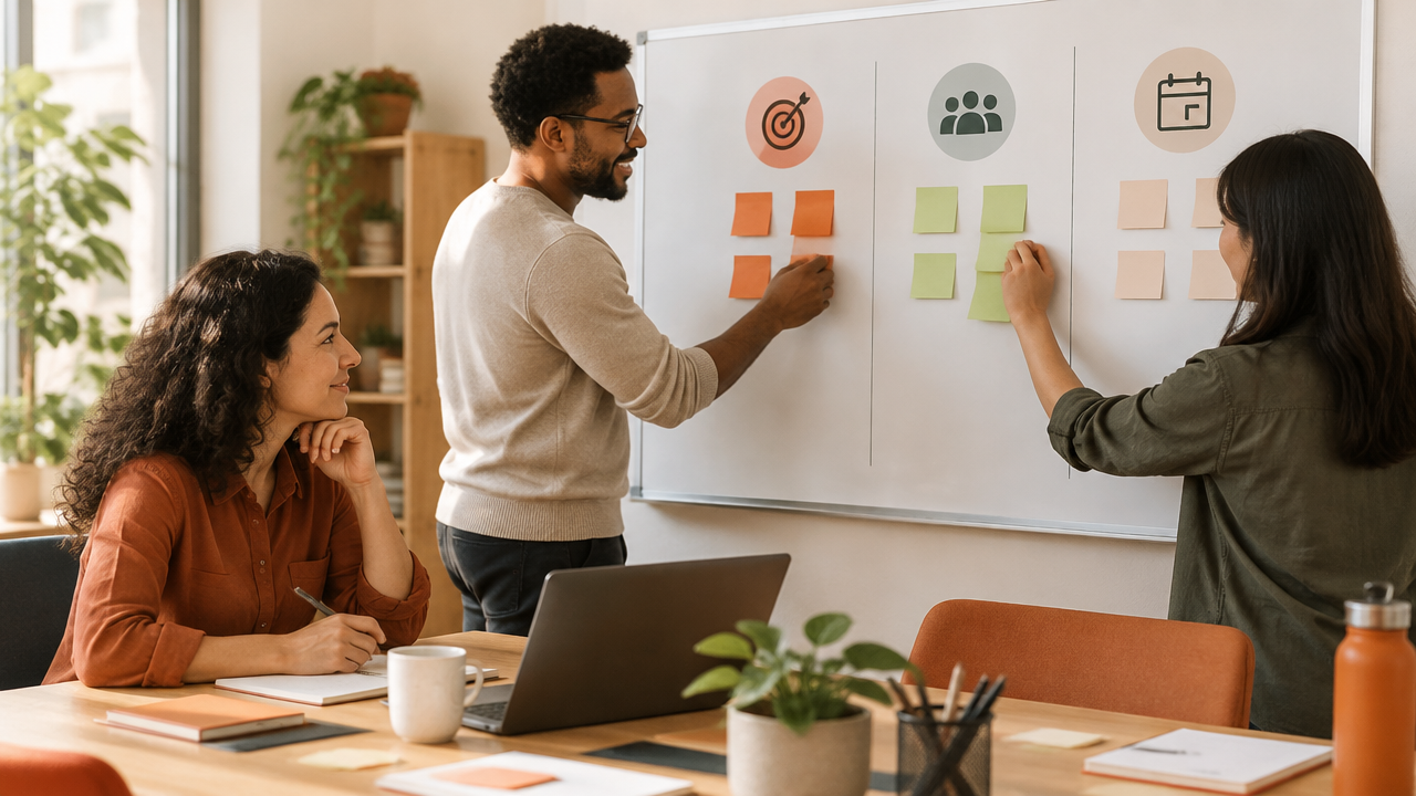 Colegas definem juntos prioridades, capacidade e momentos de revisão em um quadro colaborativo.