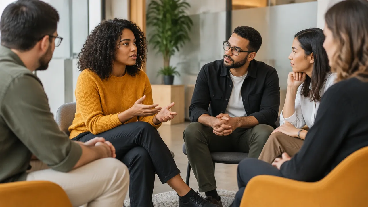 Colegas escutam e acolhem a contribuição de uma integrante durante uma conversa de equipe.