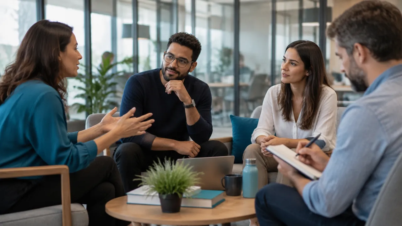 Colegas escutam e colaboram em uma conversa de equipe, ilustrando a análise das relações no trabalho