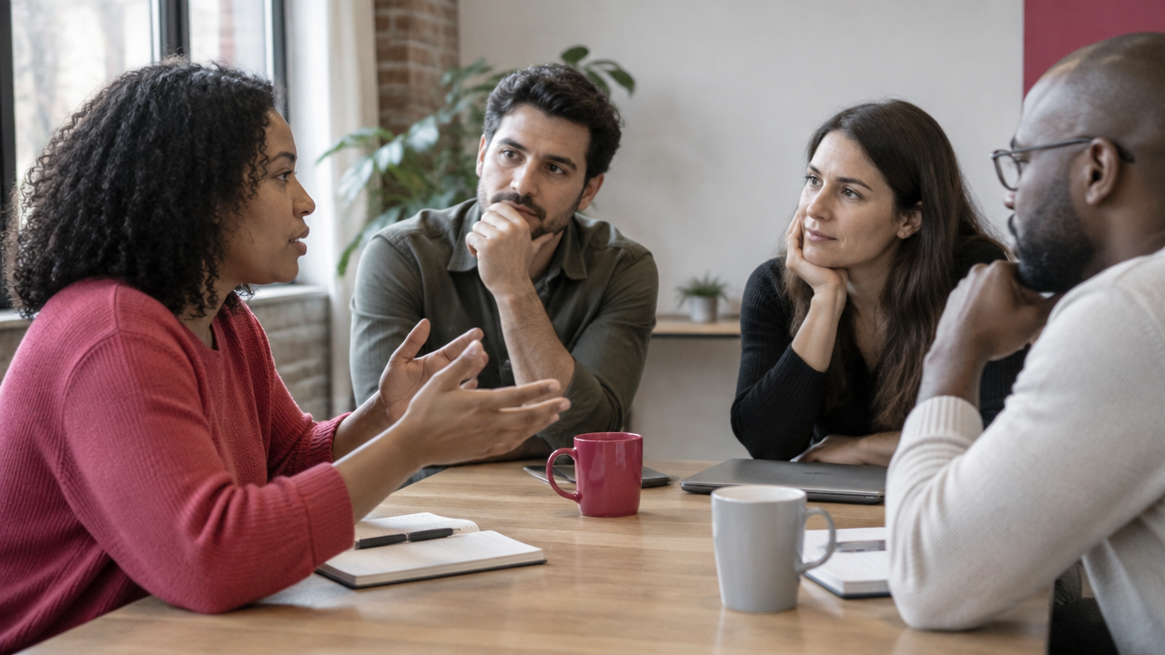 Colegas escutam uma pessoa durante uma conversa, ilustrando a influência das normas do grupo sobre as emoções.