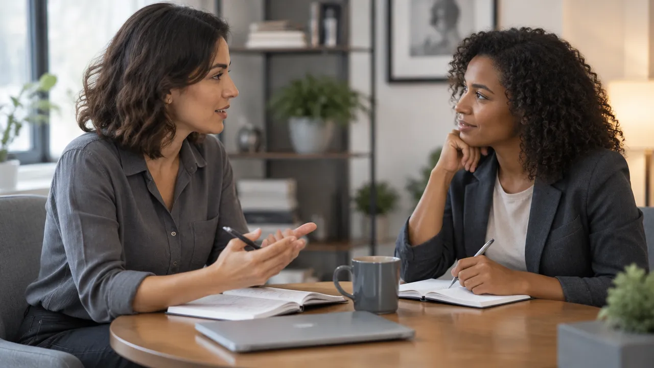 Colegas praticam uma conversa de feedback objetiva, com escuta e anotações