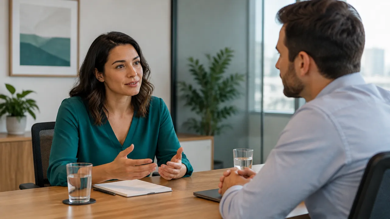 Colegas praticam uma conversa direta e respeitosa em uma reunião de trabalho