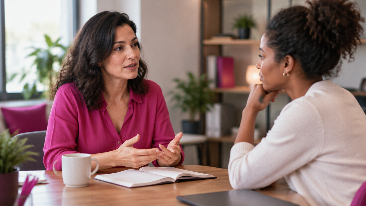 Colegas praticam uma conversa respeitosa com escuta atenta em uma mesa de trabalho