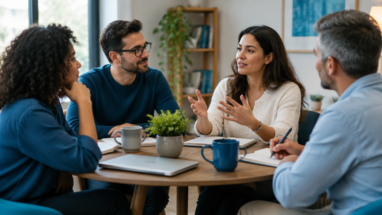 Colegas praticando escuta ativa em uma conversa breve, com espaço para cada pessoa falar e contribuir